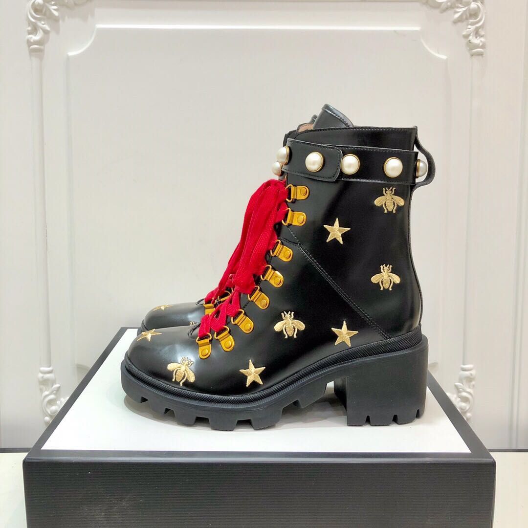 Gucci Embroidered Leather Ankle Boot With Belt